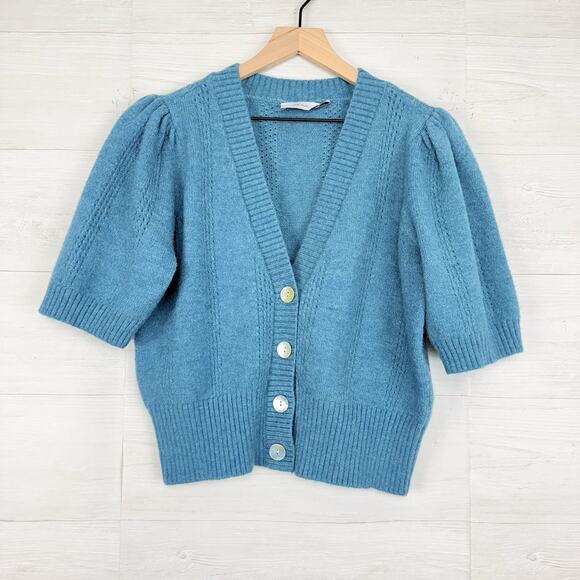 Anthropologie Greylin Puff Short Sleeve Cardigan Sweater Large Teal Romantic - Picture 1 of 13